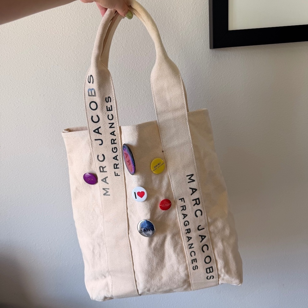 Marc Jacobs Fragrance Canvas Tote Bag with Decorative Pins